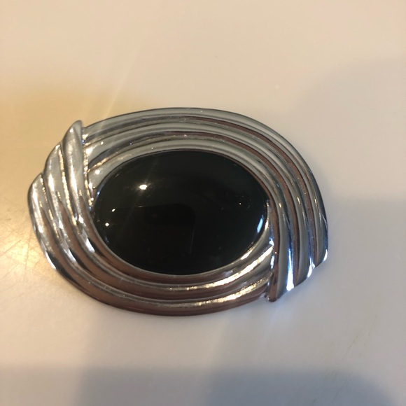Vintage Napier Brooch faux black cabochon lucite oval silver signed deco - Picture 5 of 5